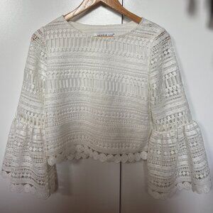 Jessie Liu White Lace Bell Sleeve Top – Size M – Romantic Boho Crochet